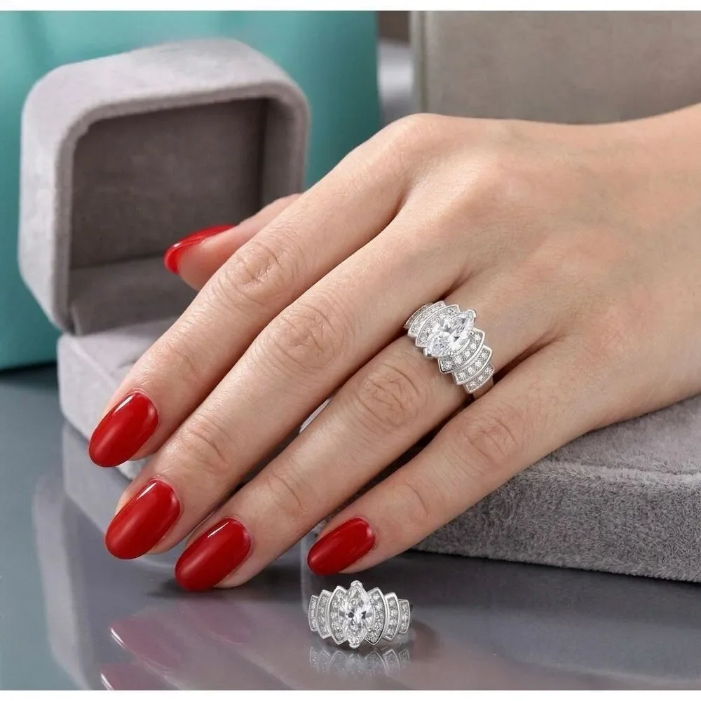 925 Sterling Silver Marquise Cut Clear CZ Tiered Cluster Engagement Ring Size 6